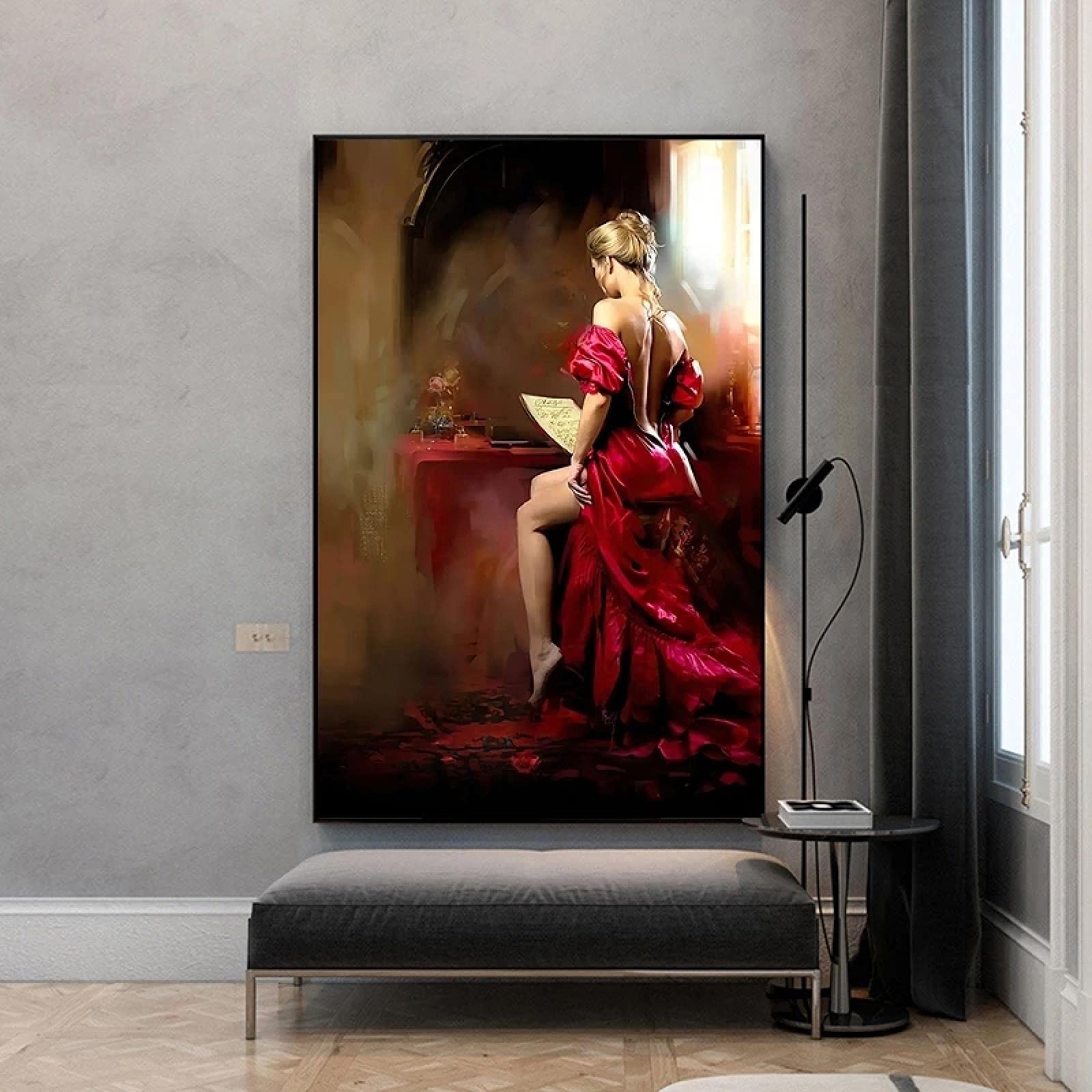 オリジナルハンドメイド絵画・リアリズム 女性画 赤背景 Amazon.co.jp: 美しい赤いドレスの女性の背面図キャンバス絵画モダンな